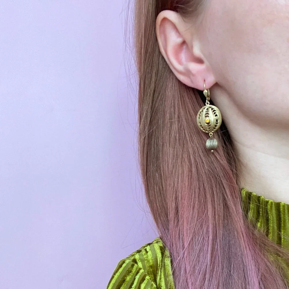 Gold filigree earrings dangle, fancy golden circle earrings